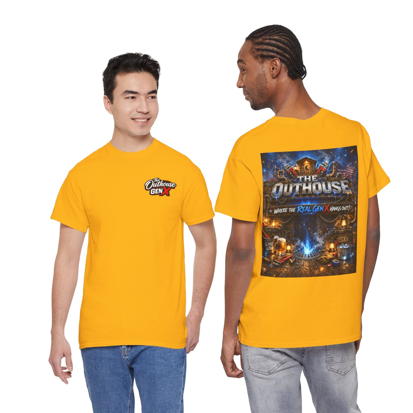 The Outhouse Gen X Tee — Retro Campfire Nostalgia Graphic T-Shirt