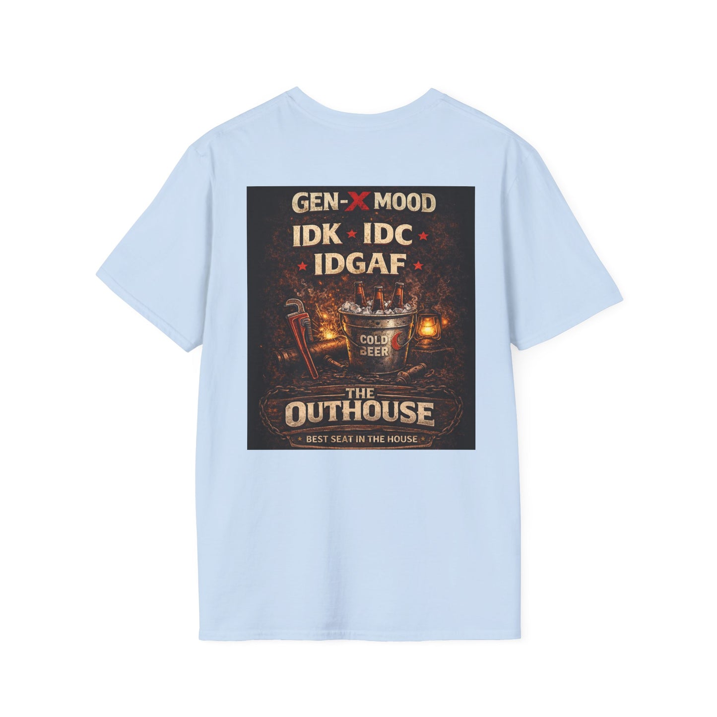 Outhouse Gen-X T-Shirt — "Gen-X Mood: IDK • IDC • IDGAF" Retro Beer Graphic