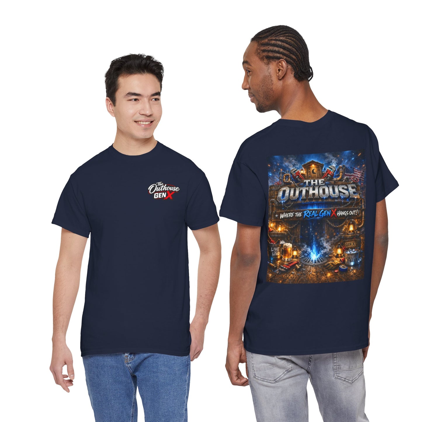 The Outhouse Gen X Tee — Retro Campfire Nostalgia Graphic T-Shirt
