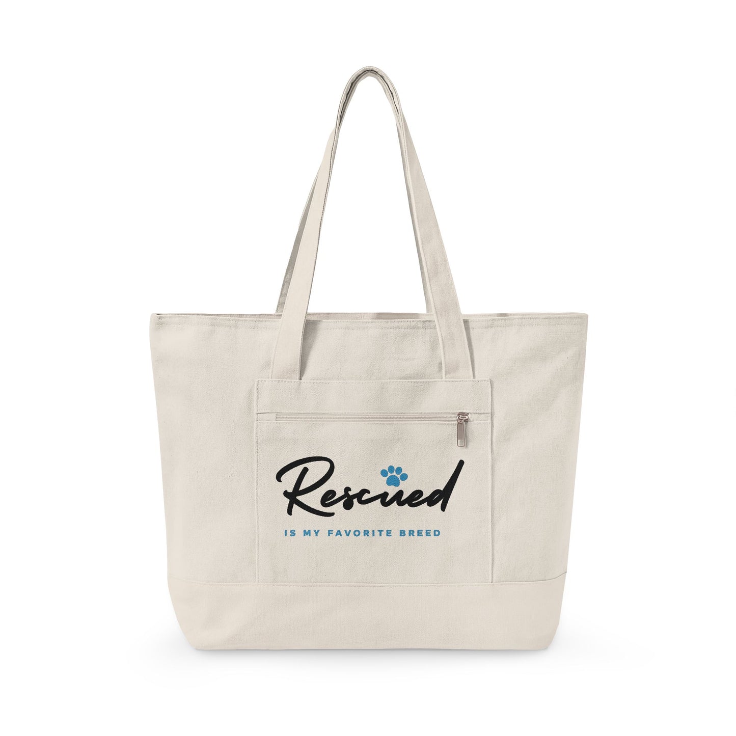 Canvas Tote Bag – "Rescued is My Favorite Breed" Zippered Reusable Shopper