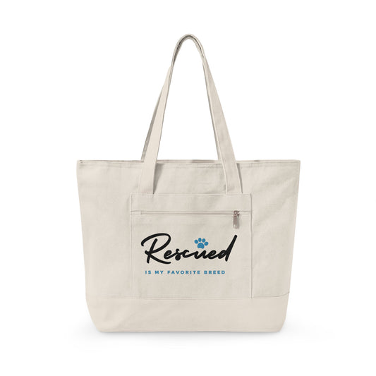 Canvas Tote Bag – "Rescued is My Favorite Breed" Zippered Reusable Shopper