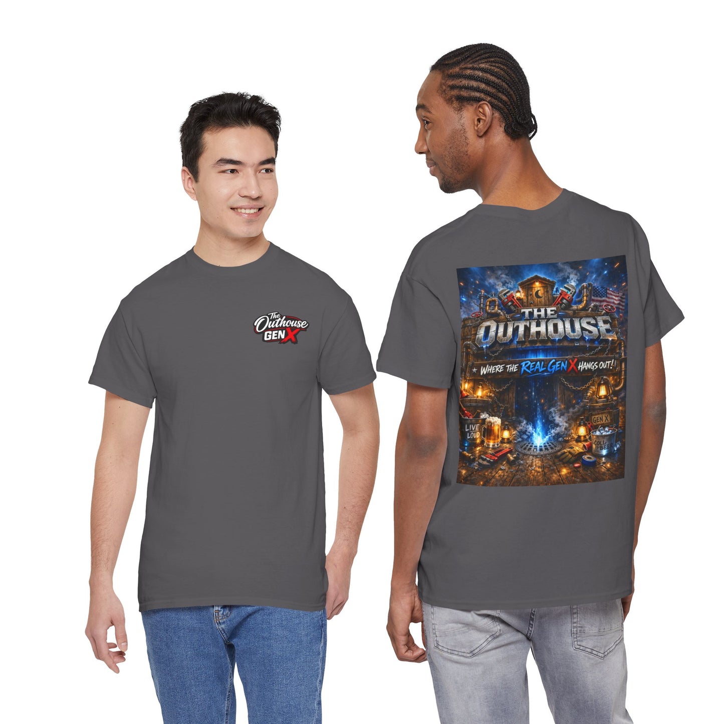 The Outhouse Gen X Tee — Retro Campfire Nostalgia Graphic T-Shirt