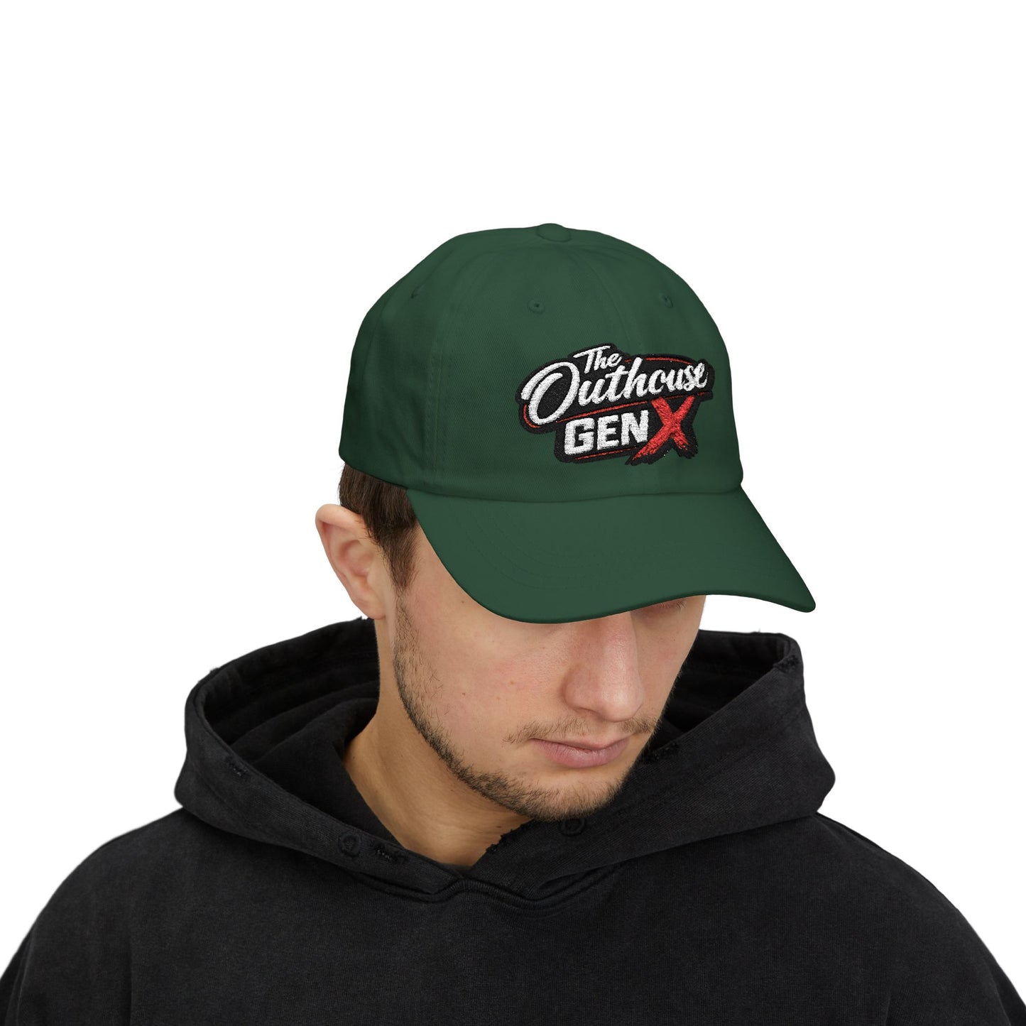 Outhouse Gen‑X Dad Cap — Bold Red X Logo Hat