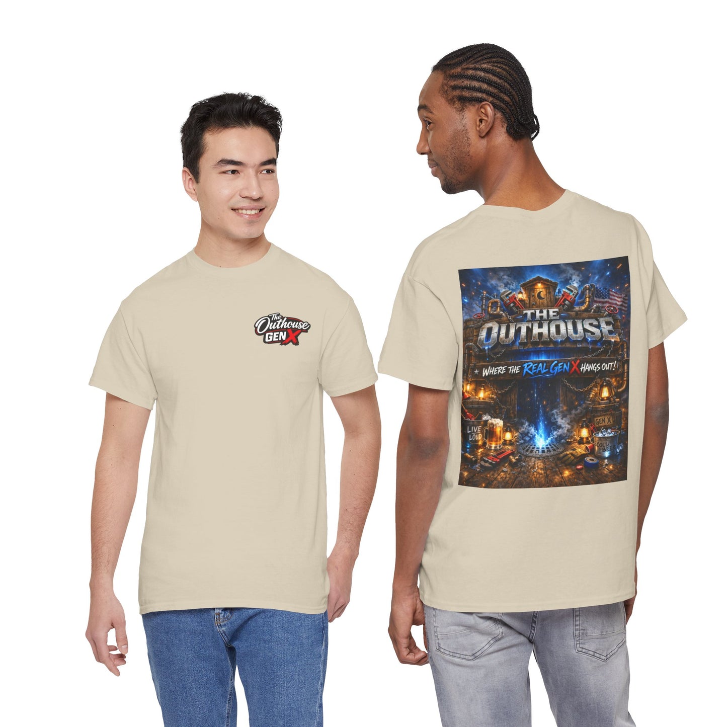 The Outhouse Gen X Tee — Retro Campfire Nostalgia Graphic T-Shirt