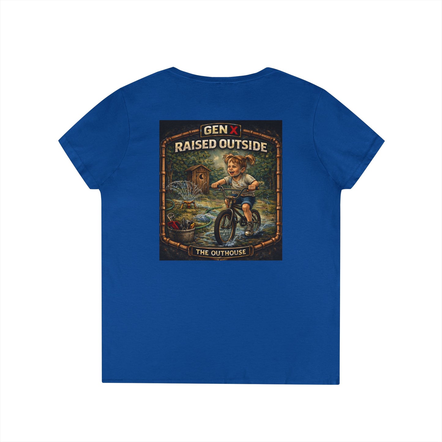 Gen X Raised Outside V‑Neck Tee — "Raised Outside" Retro Bike Graphic