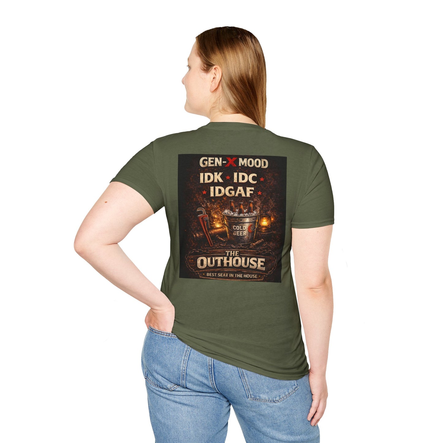 Outhouse Gen-X T-Shirt — "Gen-X Mood: IDK • IDC • IDGAF" Retro Beer Graphic