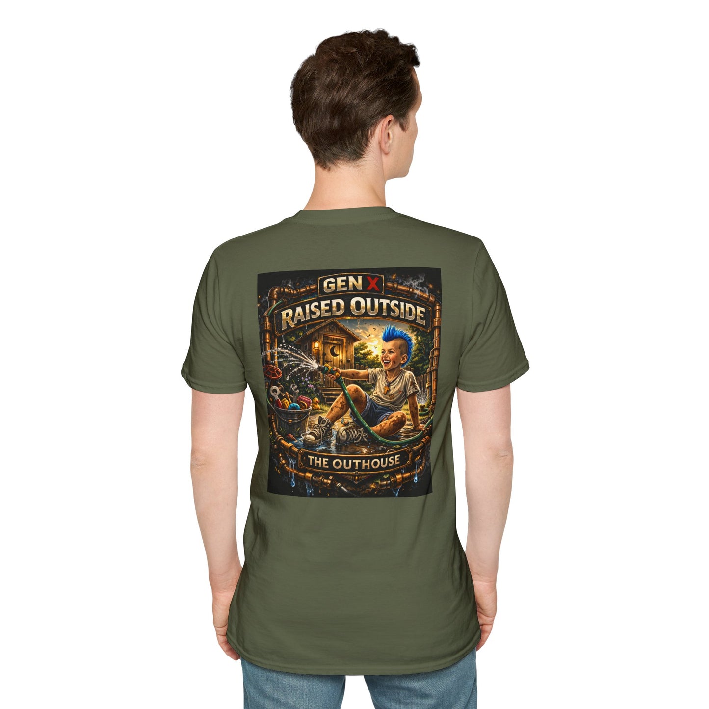 Raised Outside Outhouse Tee — Gen X Retro Outdoor Humor T-Shirt
