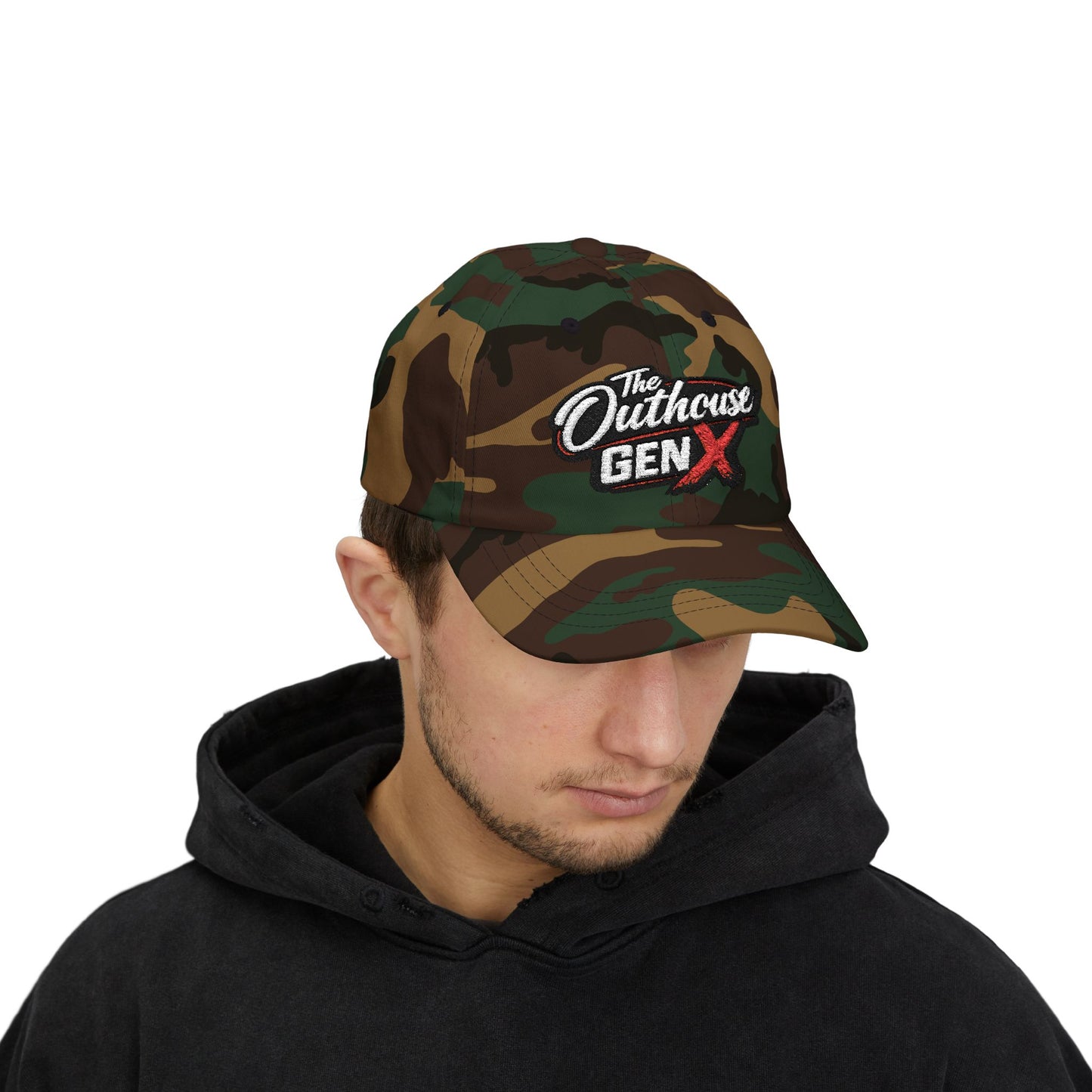 Outhouse Gen‑X Dad Cap — Bold Red X Logo Hat