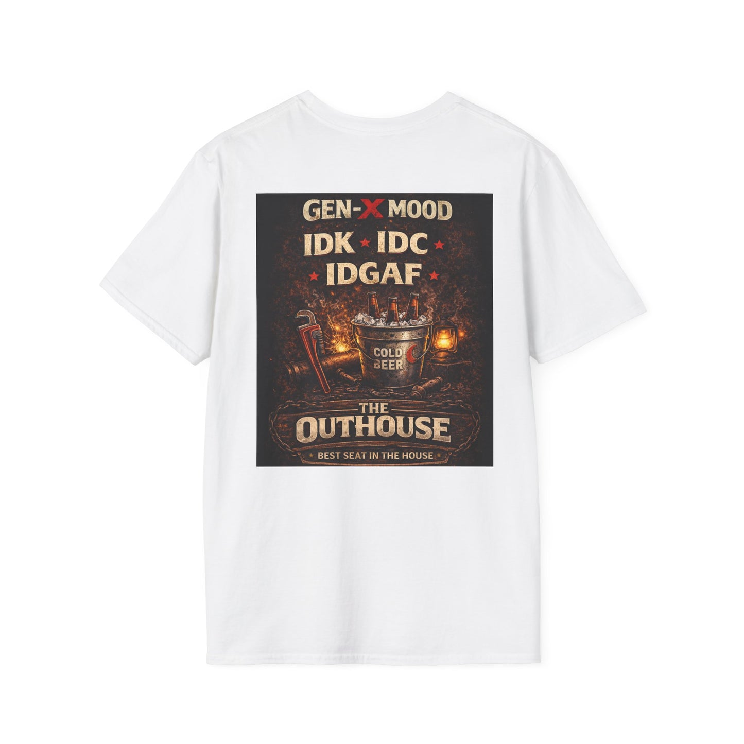 Outhouse Gen-X T-Shirt — "Gen-X Mood: IDK • IDC • IDGAF" Retro Beer Graphic