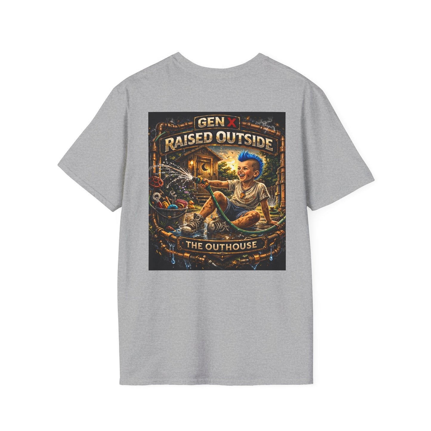 Raised Outside Outhouse Tee — Gen X Retro Outdoor Humor T-Shirt