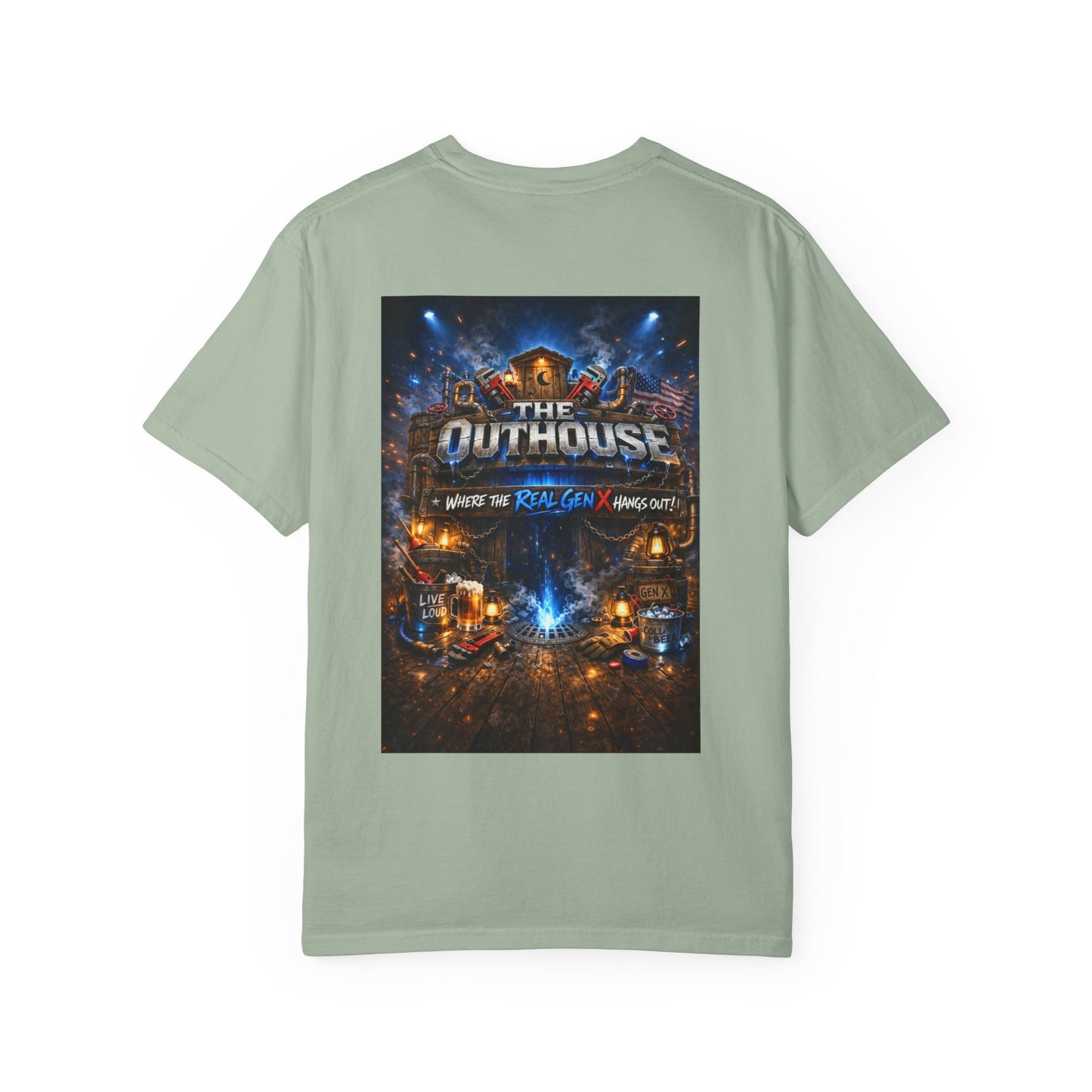 Outhouse Gen X Graphic T-Shirt — Vintage Campfire Adventure Back Print