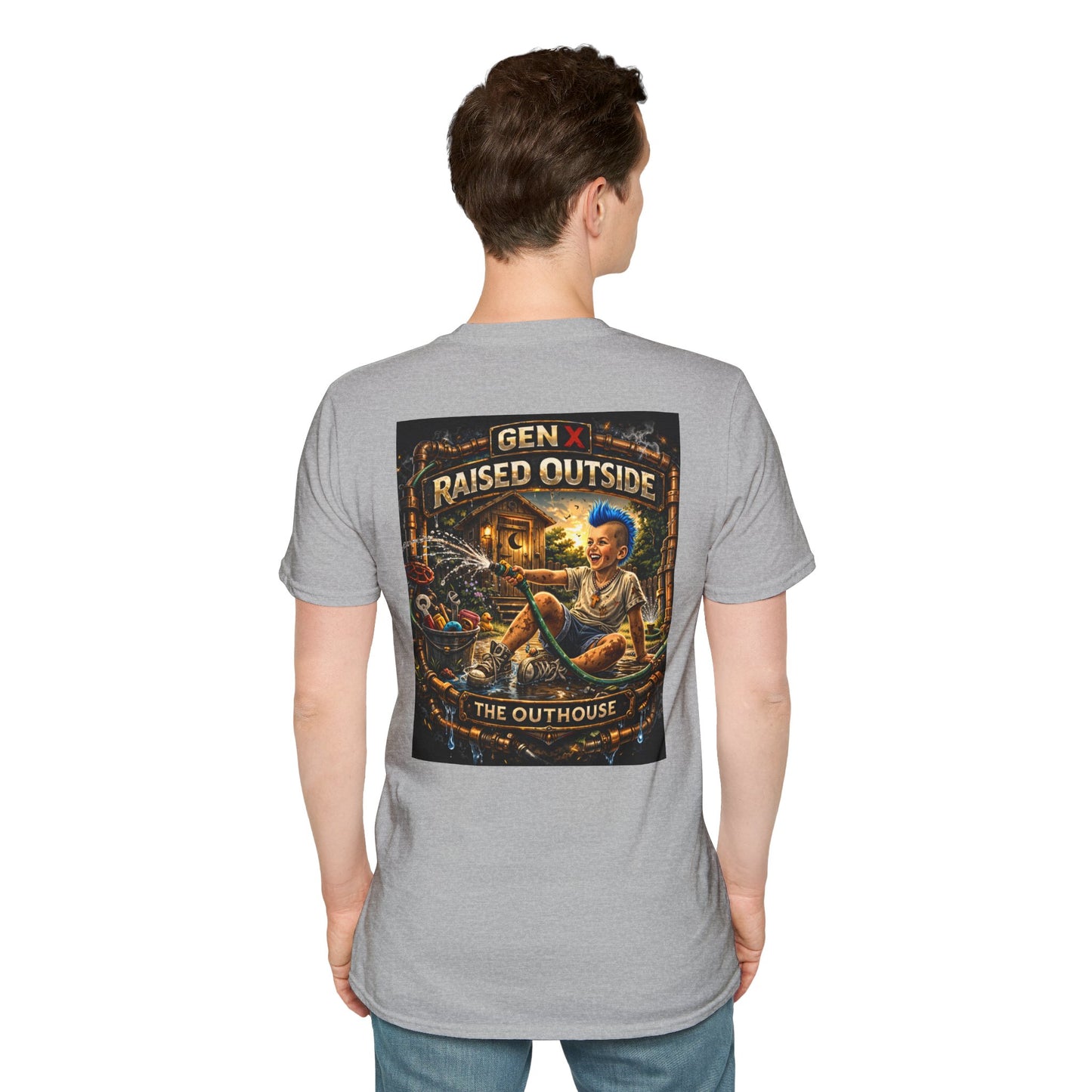 Raised Outside Outhouse Tee — Gen X Retro Outdoor Humor T-Shirt