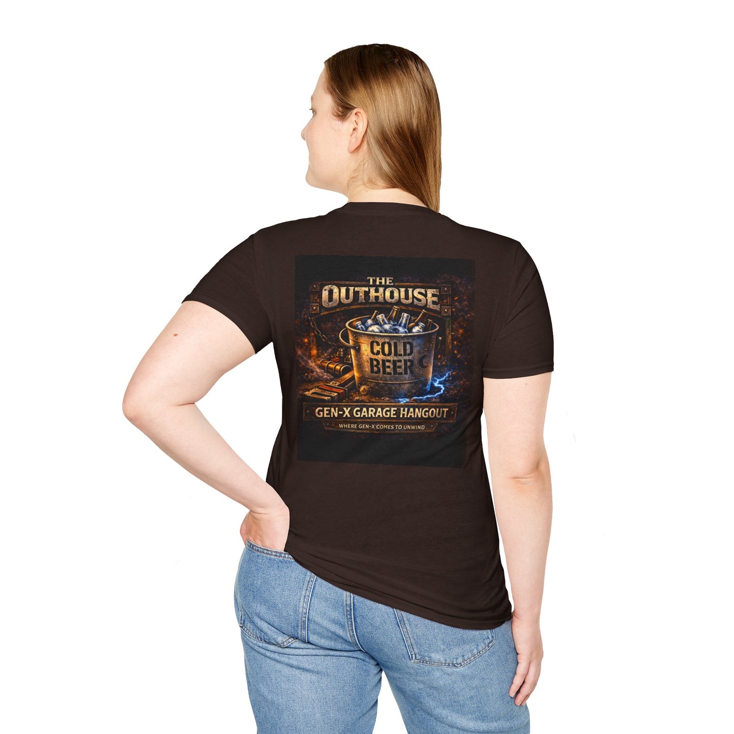 The Outhouse Cold Beer T-Shirt — Gen‑X Garage Hangout Graphic Tee