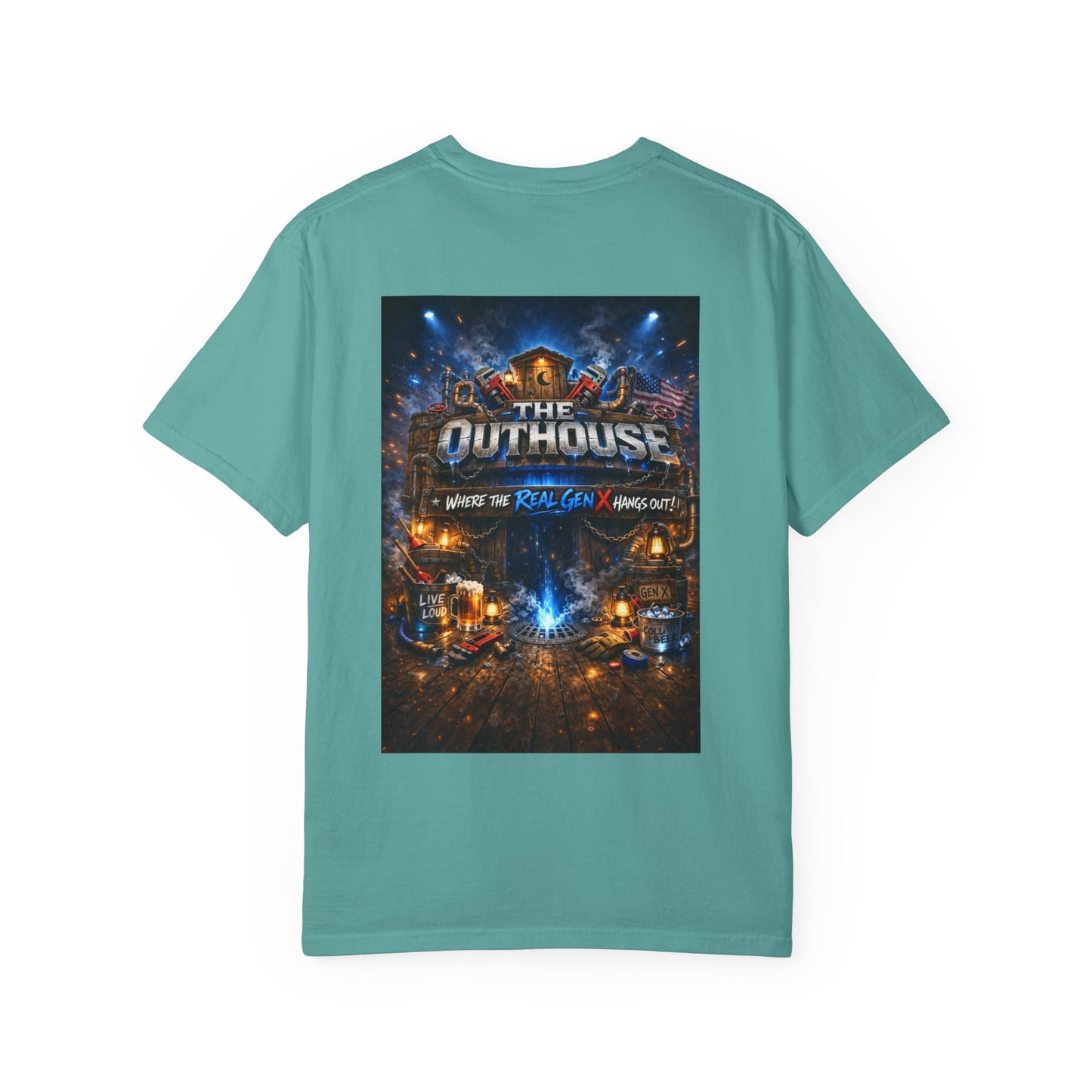 Outhouse Gen X Graphic T-Shirt — Vintage Campfire Adventure Back Print