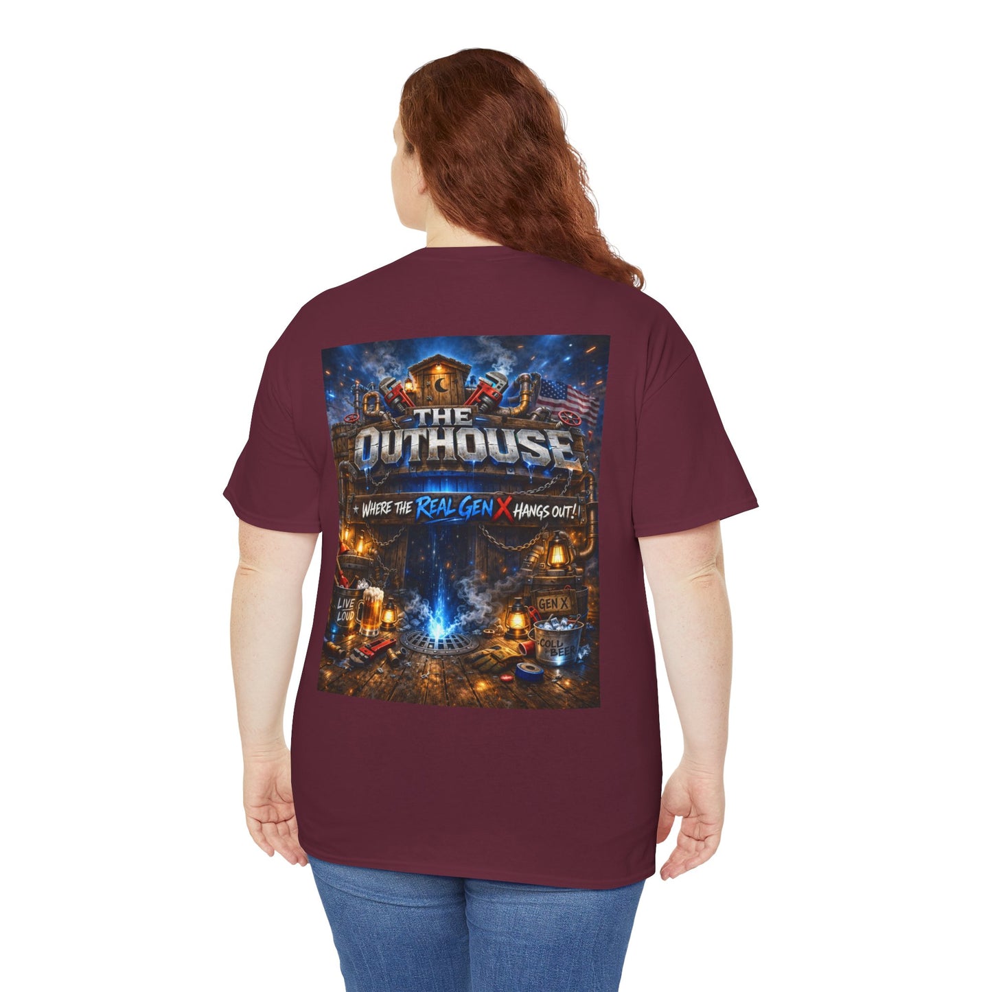 The Outhouse Gen X Tee — Retro Campfire Nostalgia Graphic T-Shirt