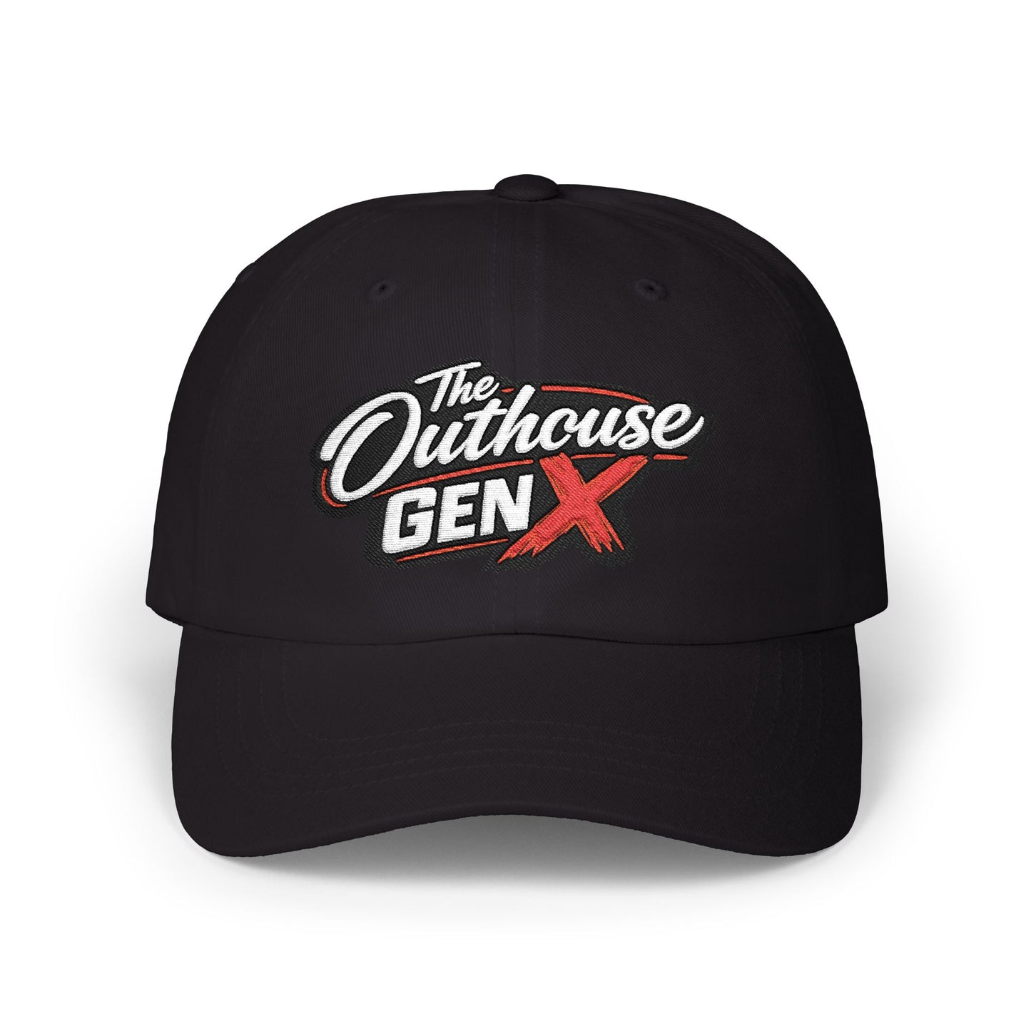 Outhouse Gen‑X Dad Cap — Bold Red X Logo Hat