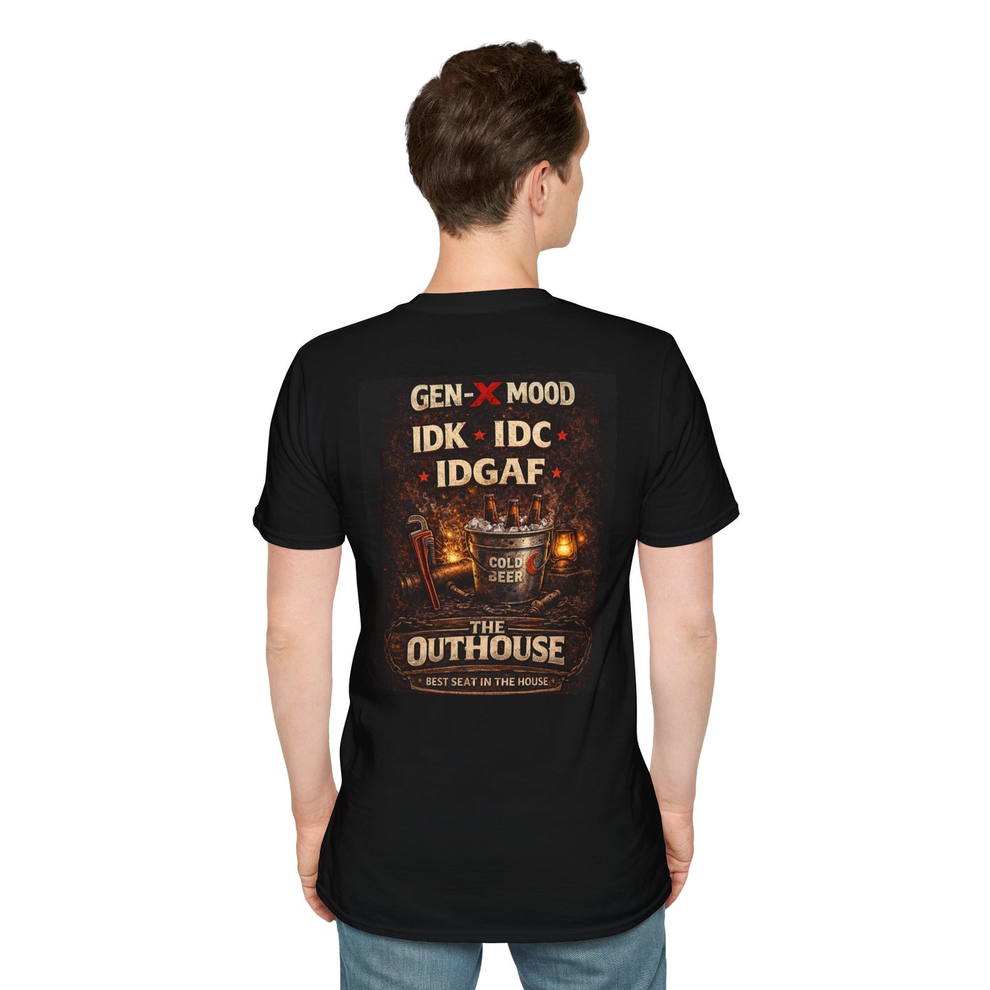 Outhouse Gen-X T-Shirt — "Gen-X Mood: IDK • IDC • IDGAF" Retro Beer Graphic