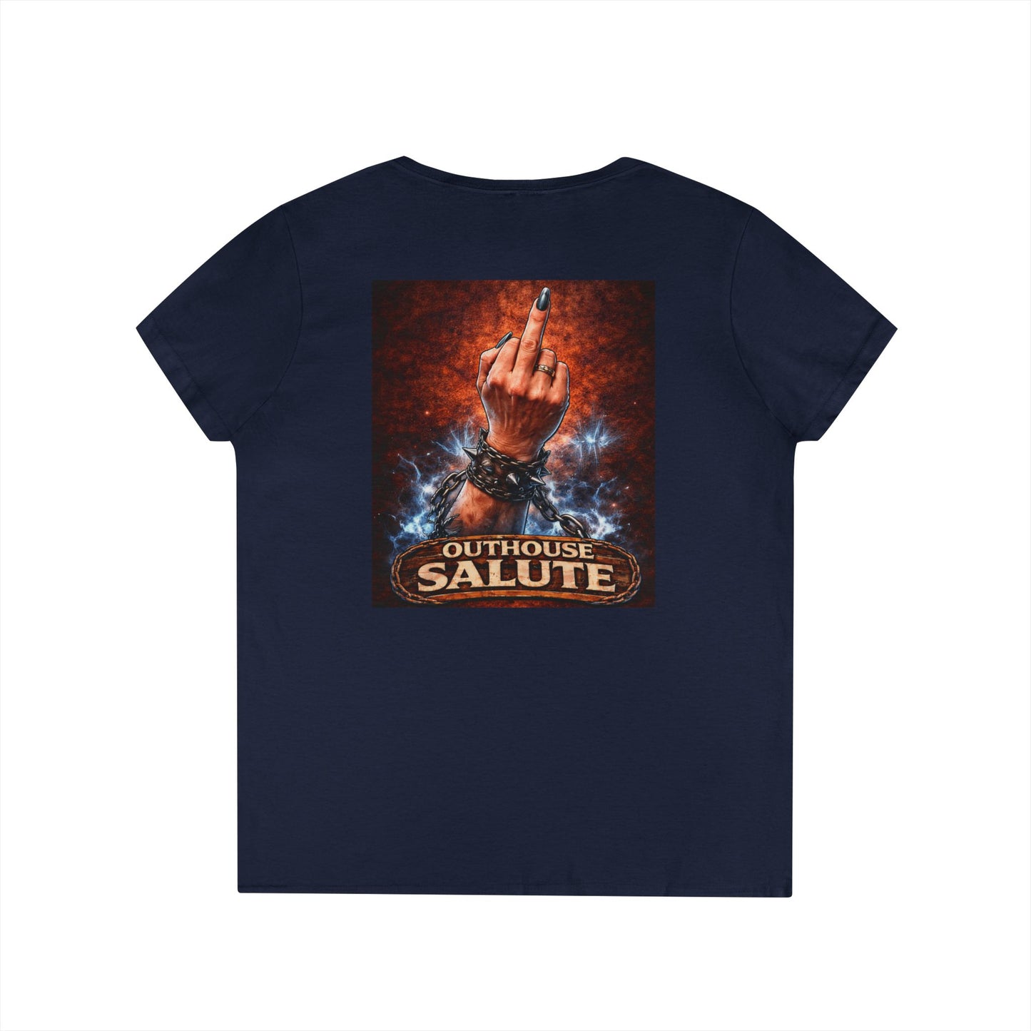 Outhouse Salute V-Neck Tee — Bold Back Graphic Ladies' T-Shirt