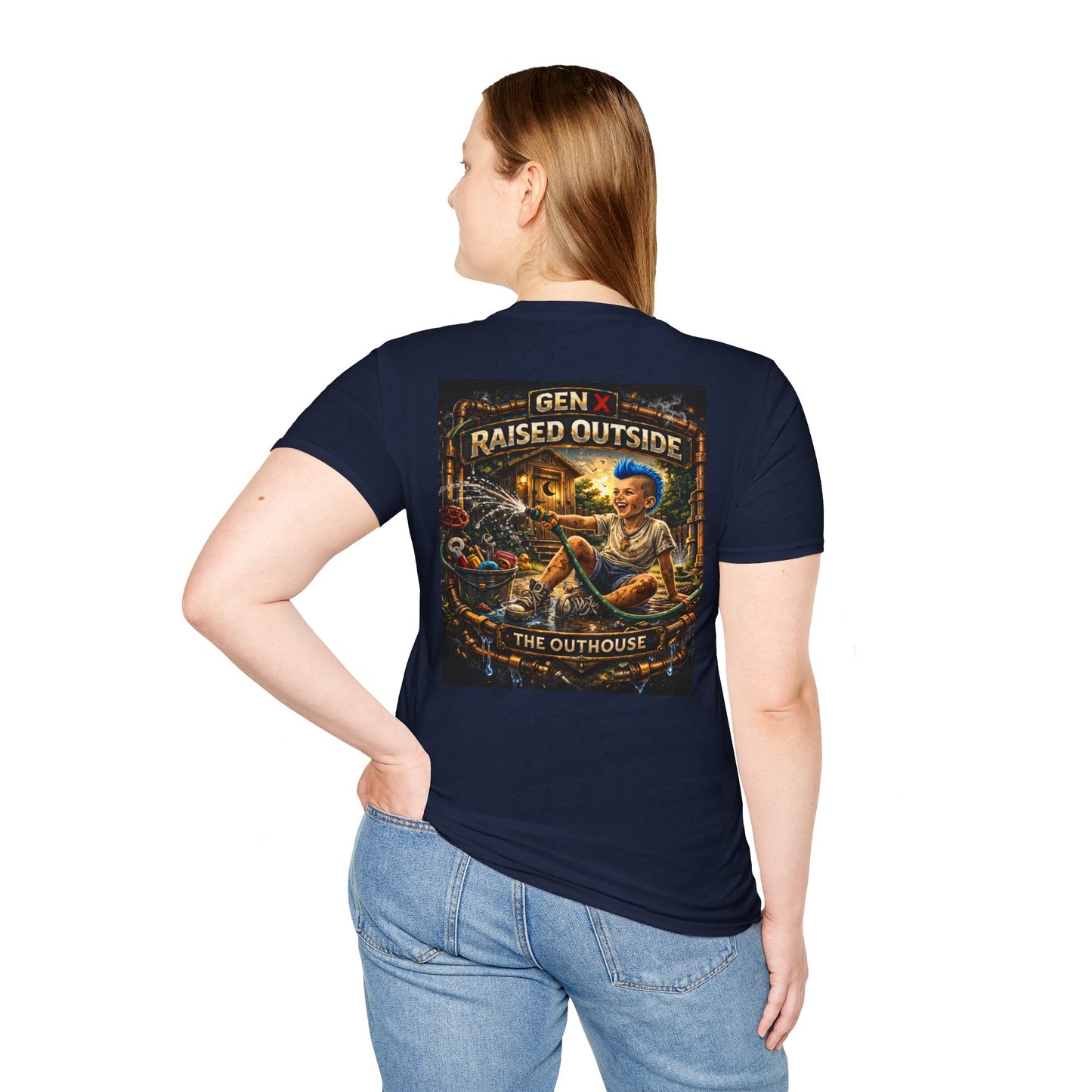Raised Outside Outhouse Tee — Gen X Retro Outdoor Humor T-Shirt