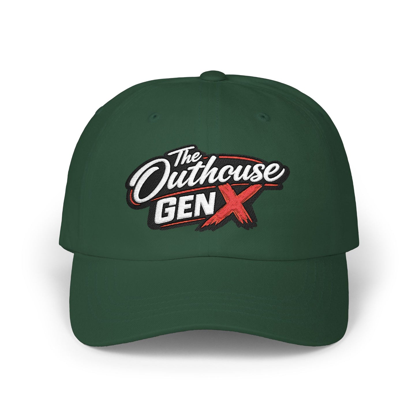Outhouse Gen‑X Dad Cap — Bold Red X Logo Hat