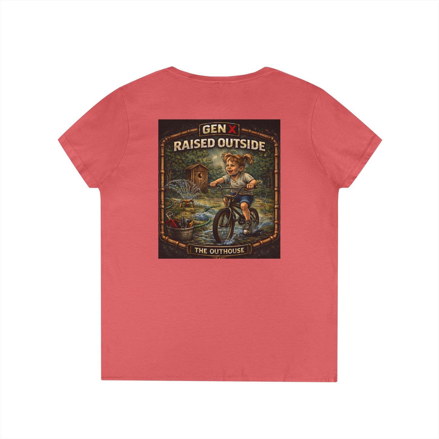 Gen X Raised Outside V‑Neck Tee — "Raised Outside" Retro Bike Graphic