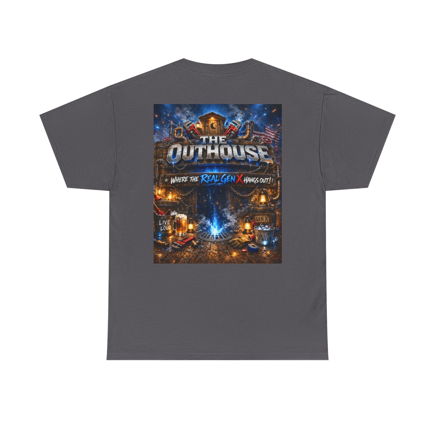 The Outhouse Gen X Tee — Retro Campfire Nostalgia Graphic T-Shirt