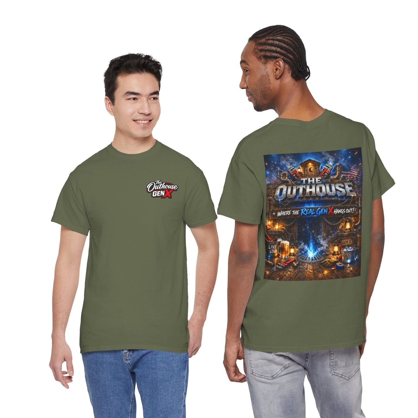 The Outhouse Gen X Tee — Retro Campfire Nostalgia Graphic T-Shirt