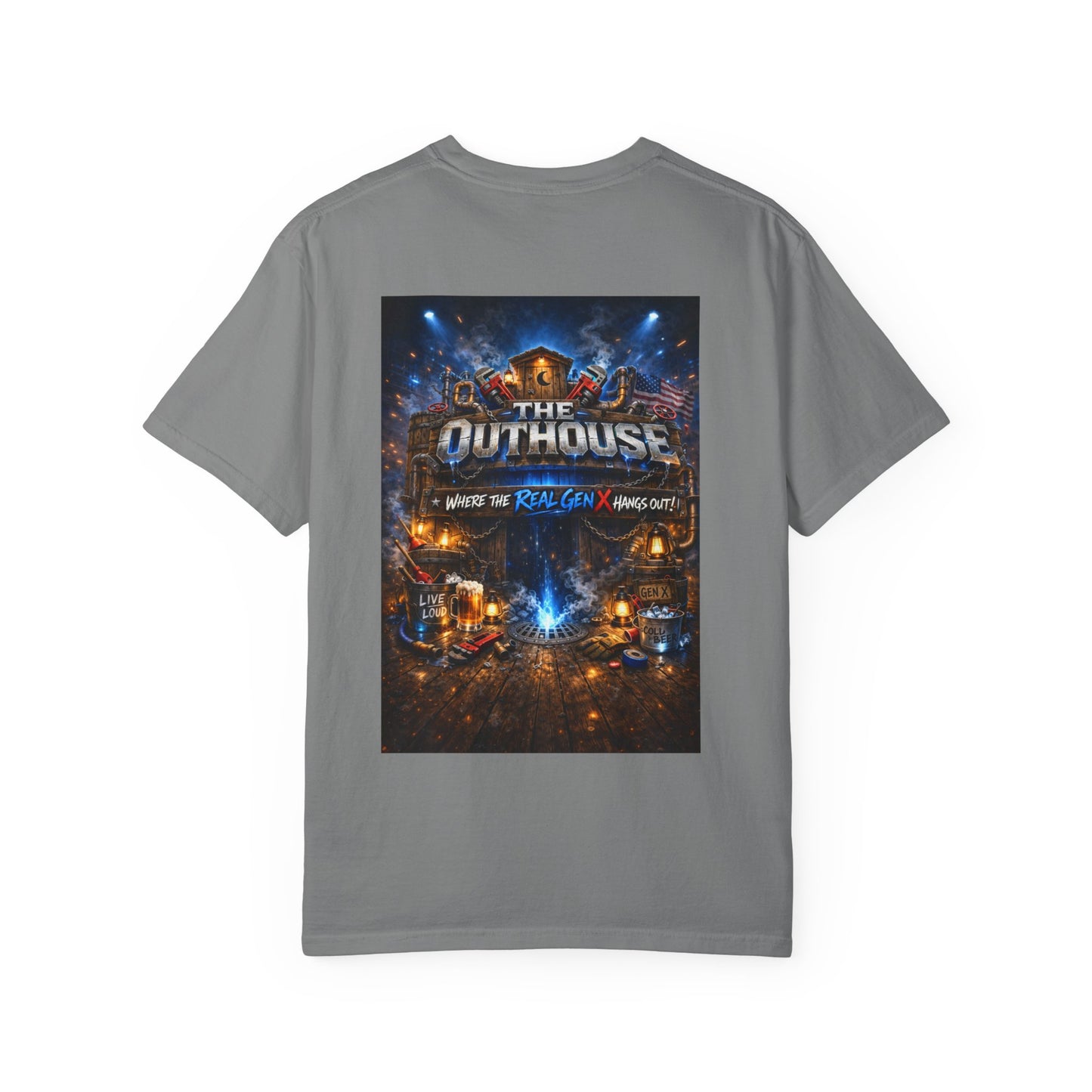 Outhouse Gen X Graphic T-Shirt — Vintage Campfire Adventure Back Print