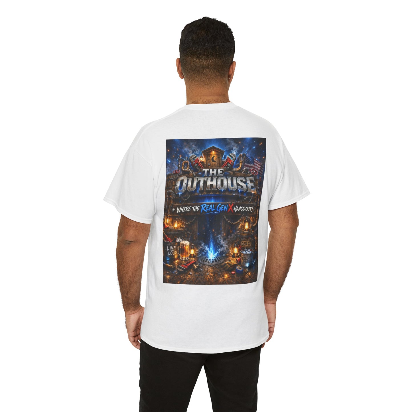 The Outhouse Gen X Tee — Retro Campfire Nostalgia Graphic T-Shirt