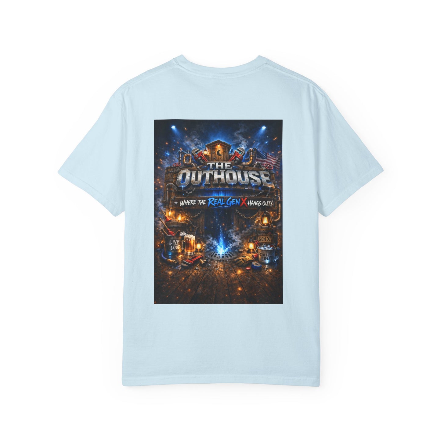 Outhouse Gen X Graphic T-Shirt — Vintage Campfire Adventure Back Print