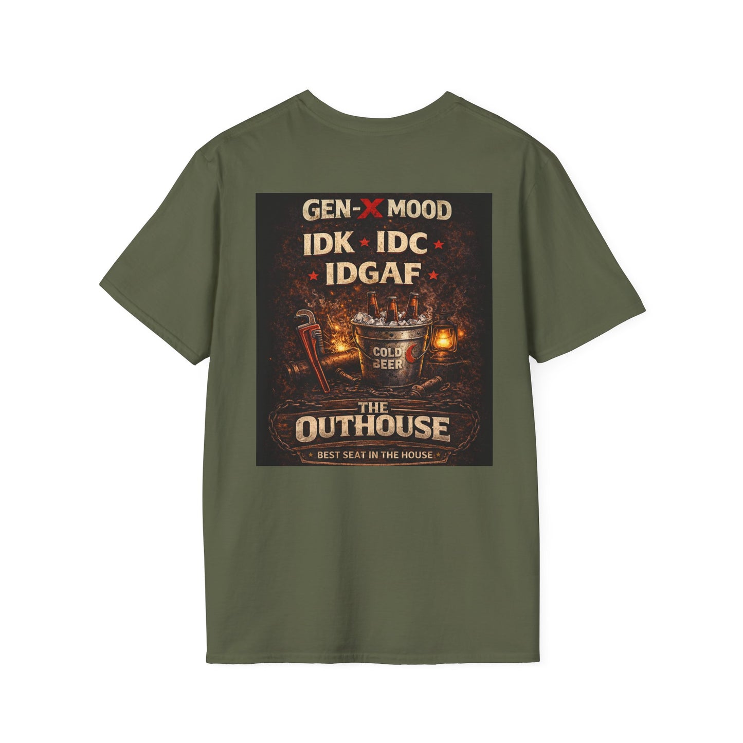Outhouse Gen-X T-Shirt — "Gen-X Mood: IDK • IDC • IDGAF" Retro Beer Graphic