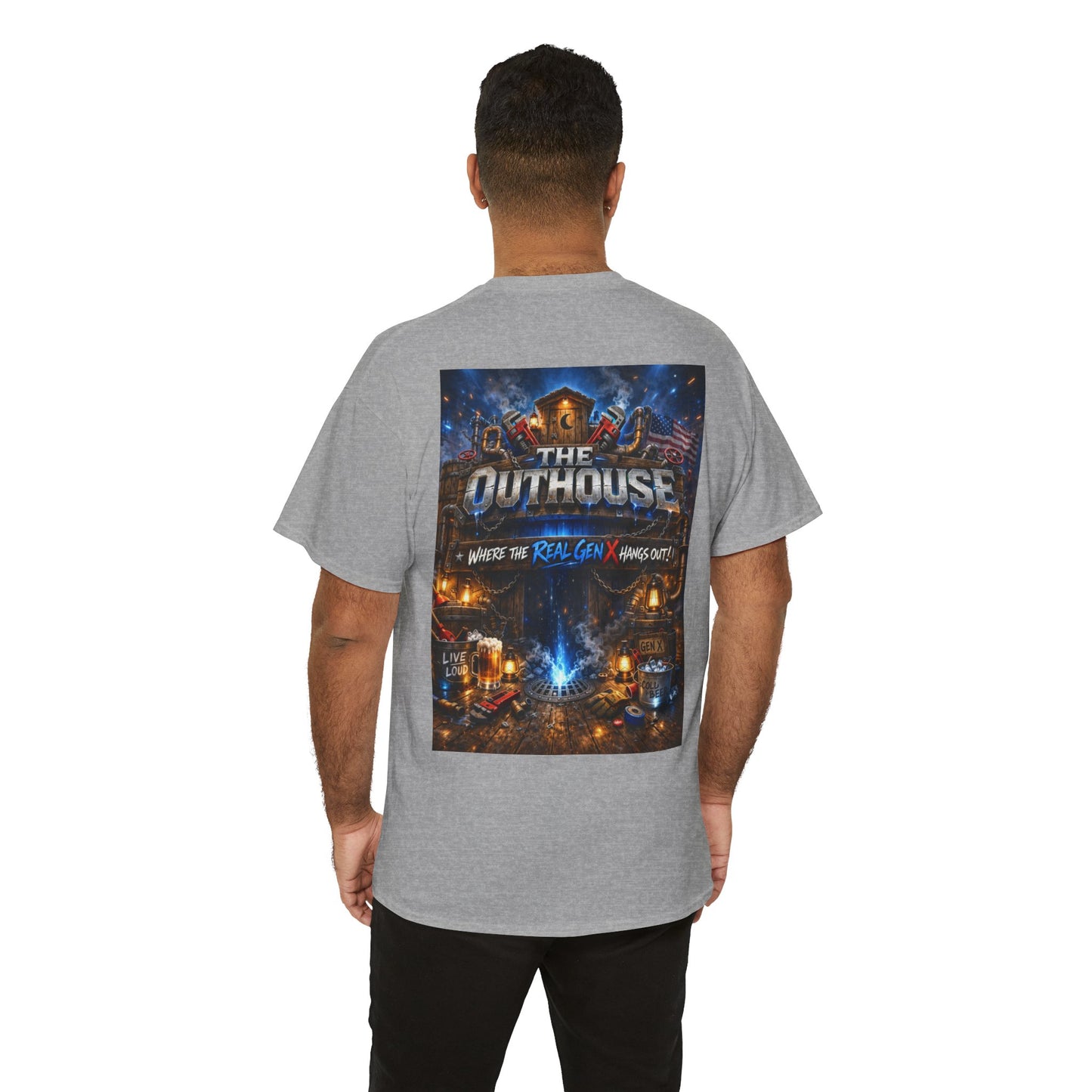 The Outhouse Gen X Tee — Retro Campfire Nostalgia Graphic T-Shirt