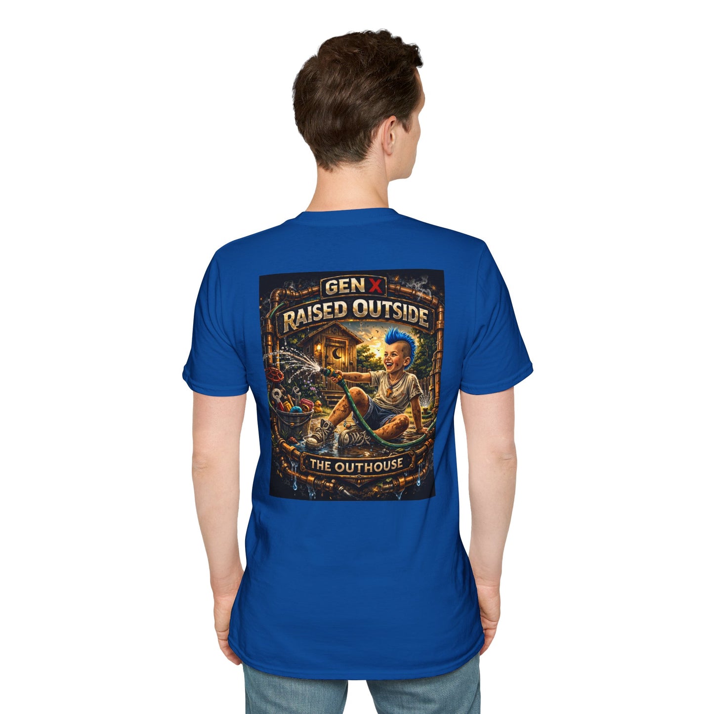 Raised Outside Outhouse Tee — Gen X Retro Outdoor Humor T-Shirt