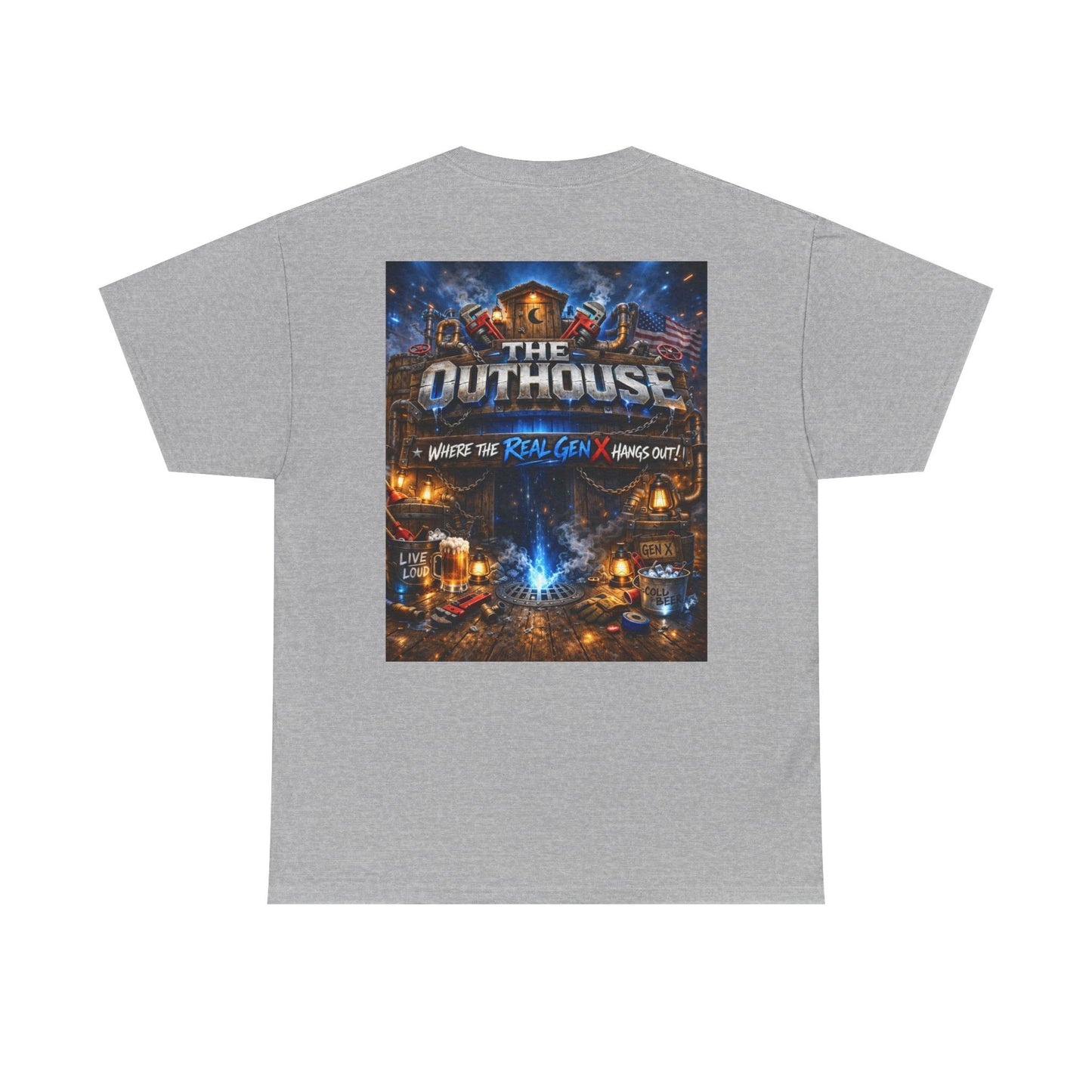 The Outhouse Gen X Tee — Retro Campfire Nostalgia Graphic T-Shirt