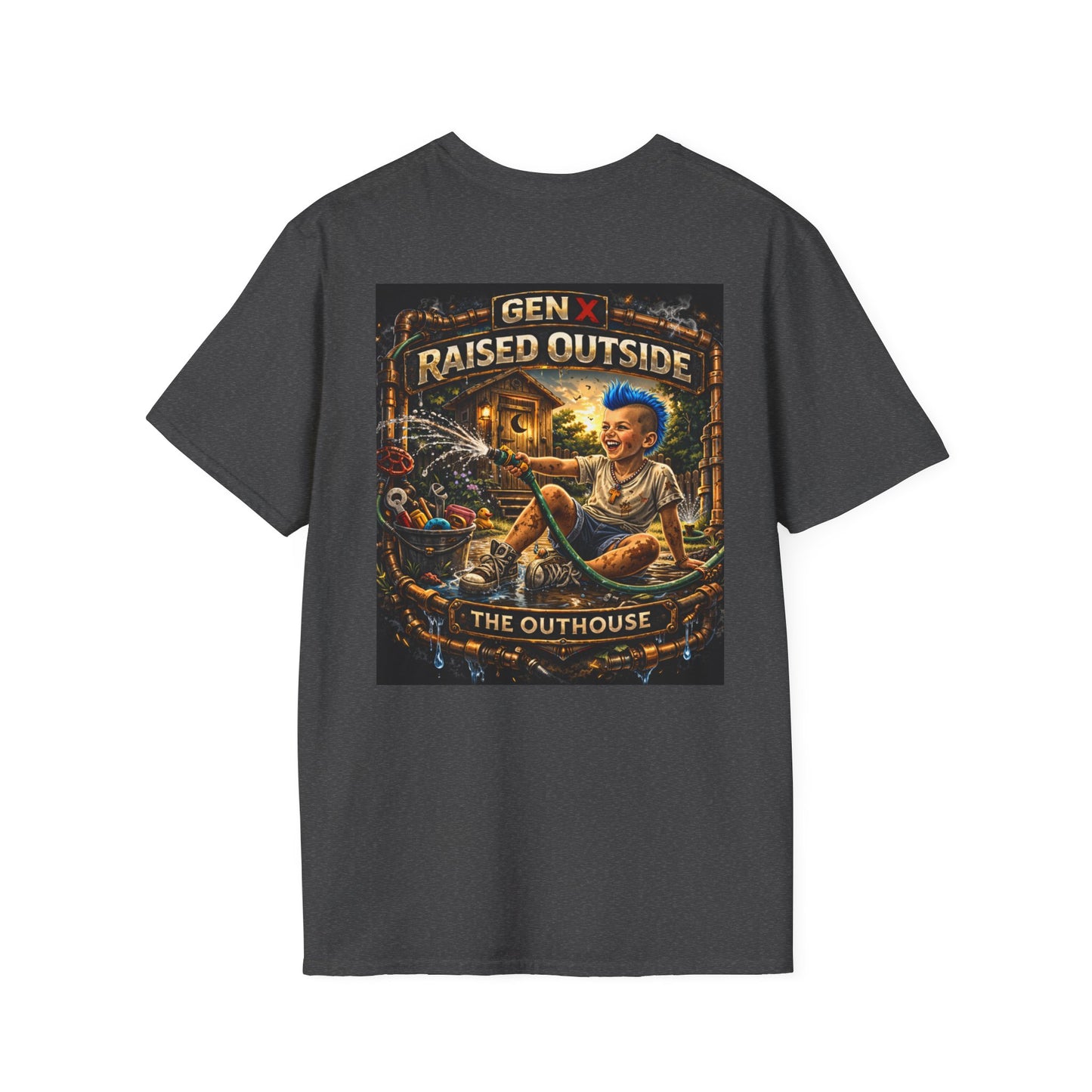 Raised Outside Outhouse Tee — Gen X Retro Outdoor Humor T-Shirt