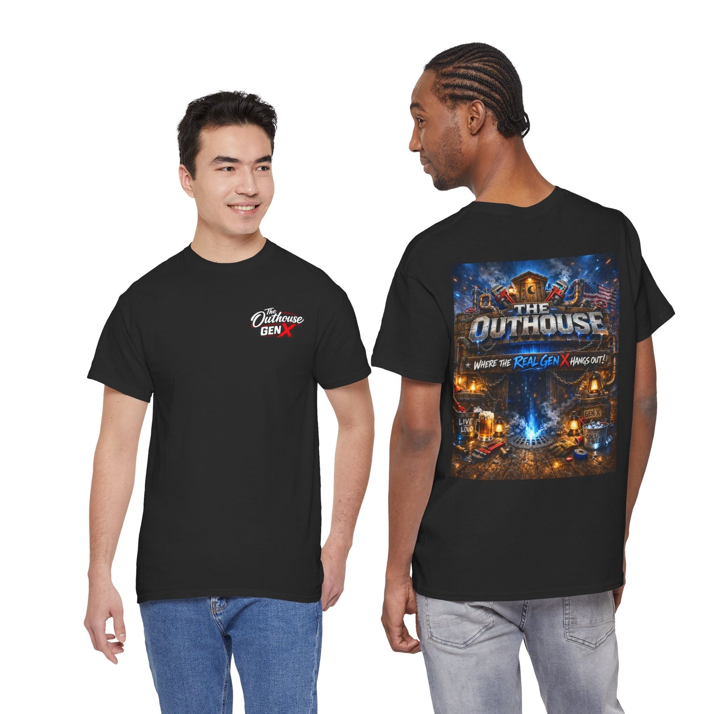 The Outhouse Gen X Tee — Retro Campfire Nostalgia Graphic T-Shirt