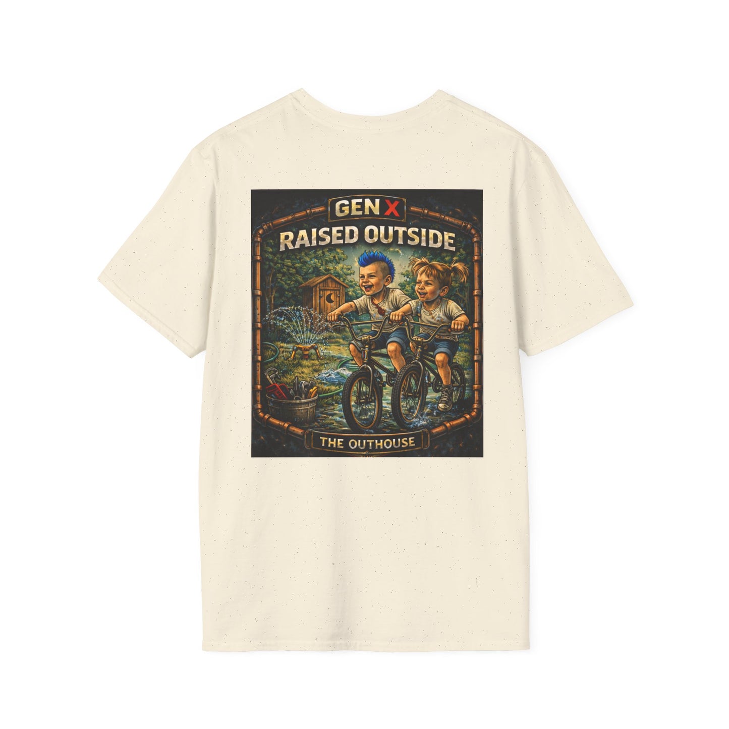 Gen X "Raised Outside" T-Shirt — Retro Outhouse Vintage Graphic Tee