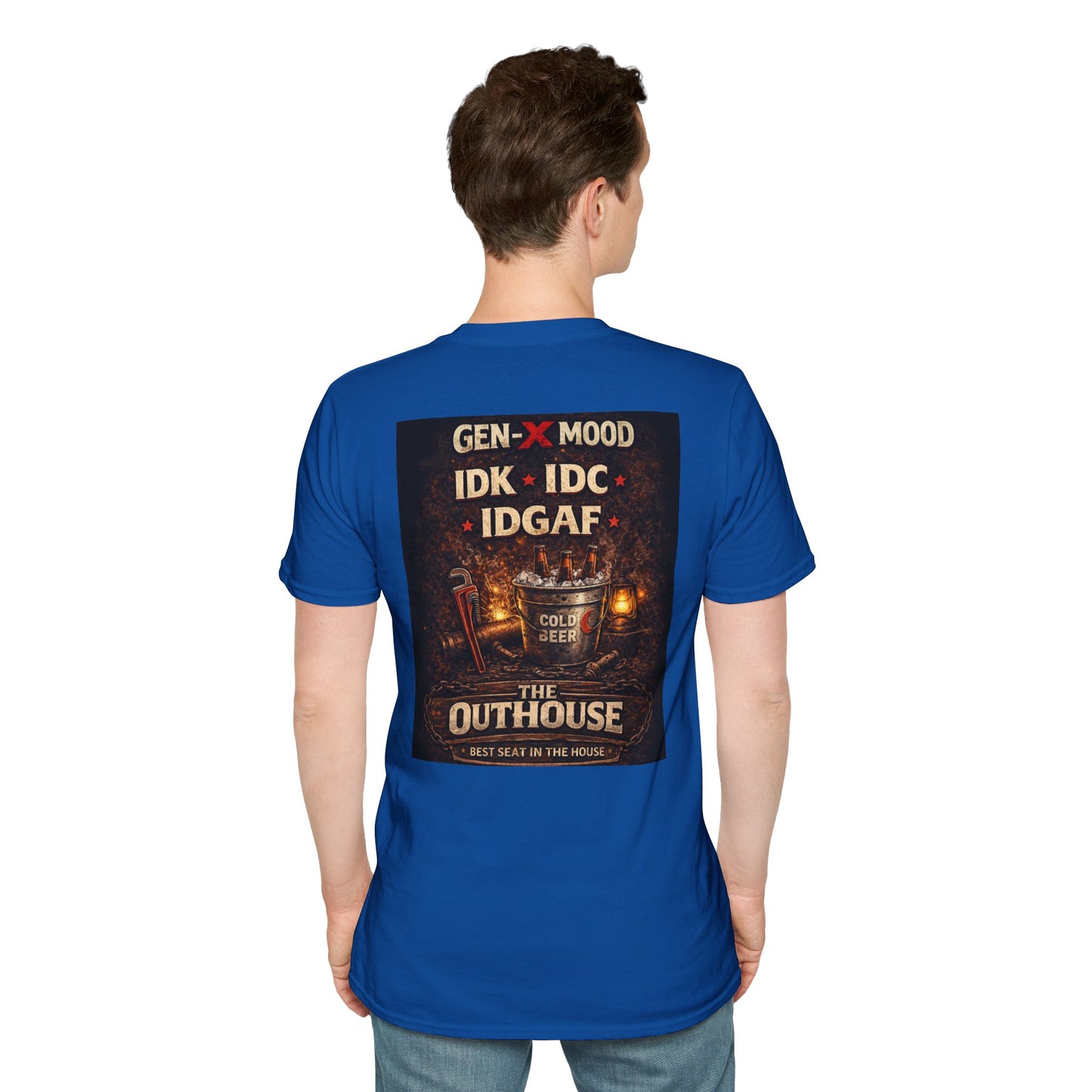 Outhouse Gen-X T-Shirt — "Gen-X Mood: IDK • IDC • IDGAF" Retro Beer Graphic