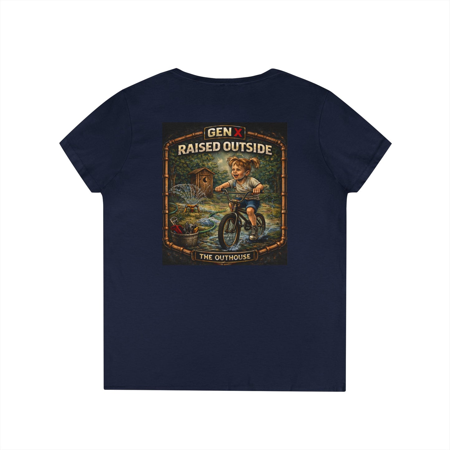 Gen X Raised Outside V‑Neck Tee — "Raised Outside" Retro Bike Graphic