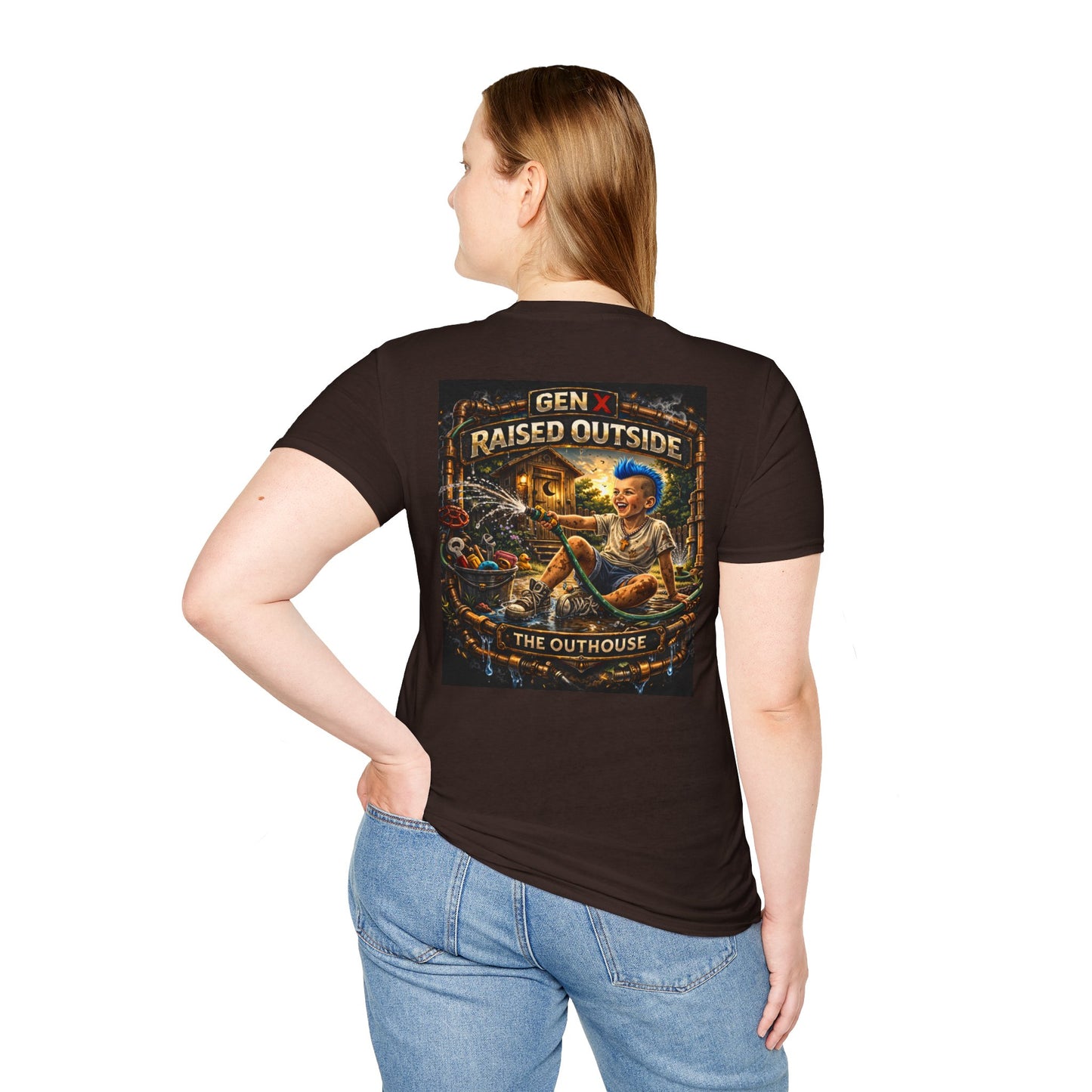 Raised Outside Outhouse Tee — Gen X Retro Outdoor Humor T-Shirt