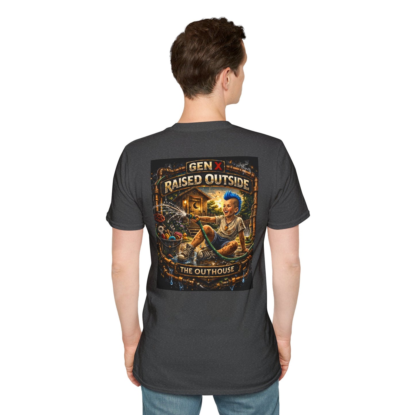 Raised Outside Outhouse Tee — Gen X Retro Outdoor Humor T-Shirt