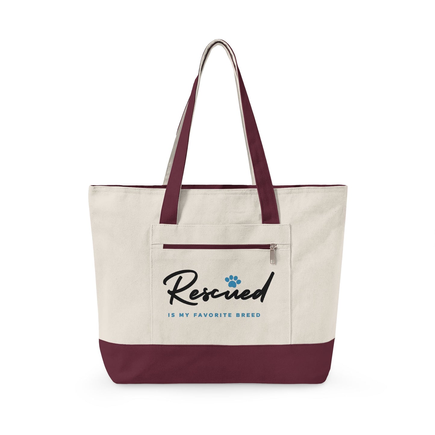 Canvas Tote Bag – "Rescued is My Favorite Breed" Zippered Reusable Shopper