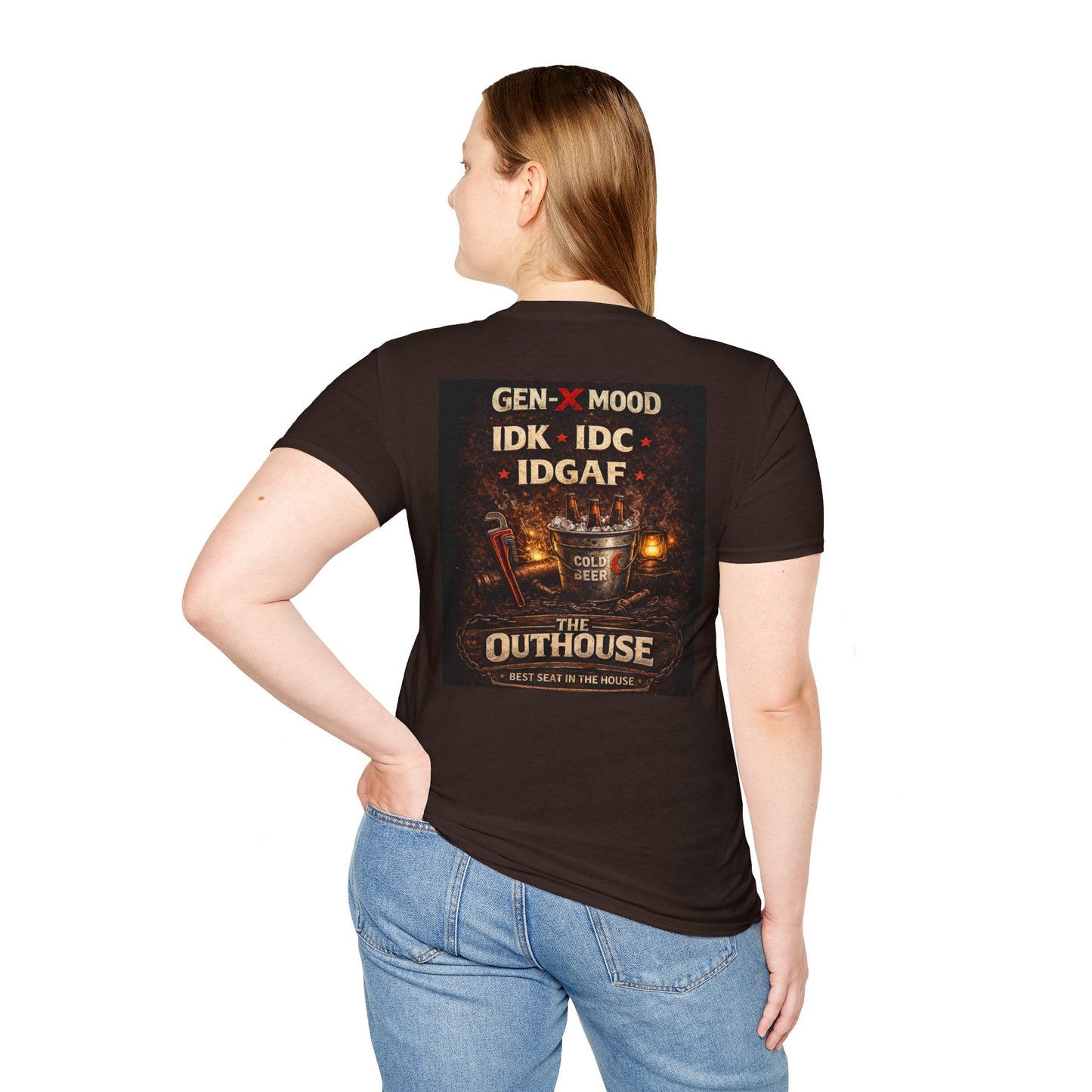 Outhouse Gen-X T-Shirt — "Gen-X Mood: IDK • IDC • IDGAF" Retro Beer Graphic