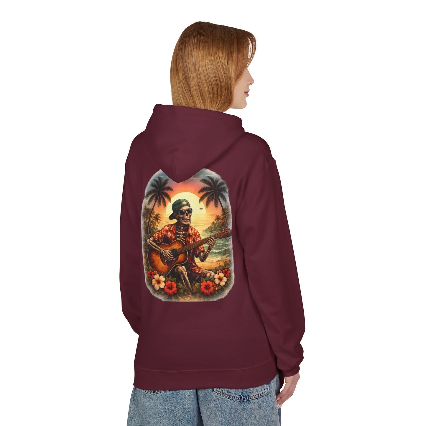 Hawaiian Skeleton Guitar Hoodie — Sunset Palm Vintage Rock Pullover