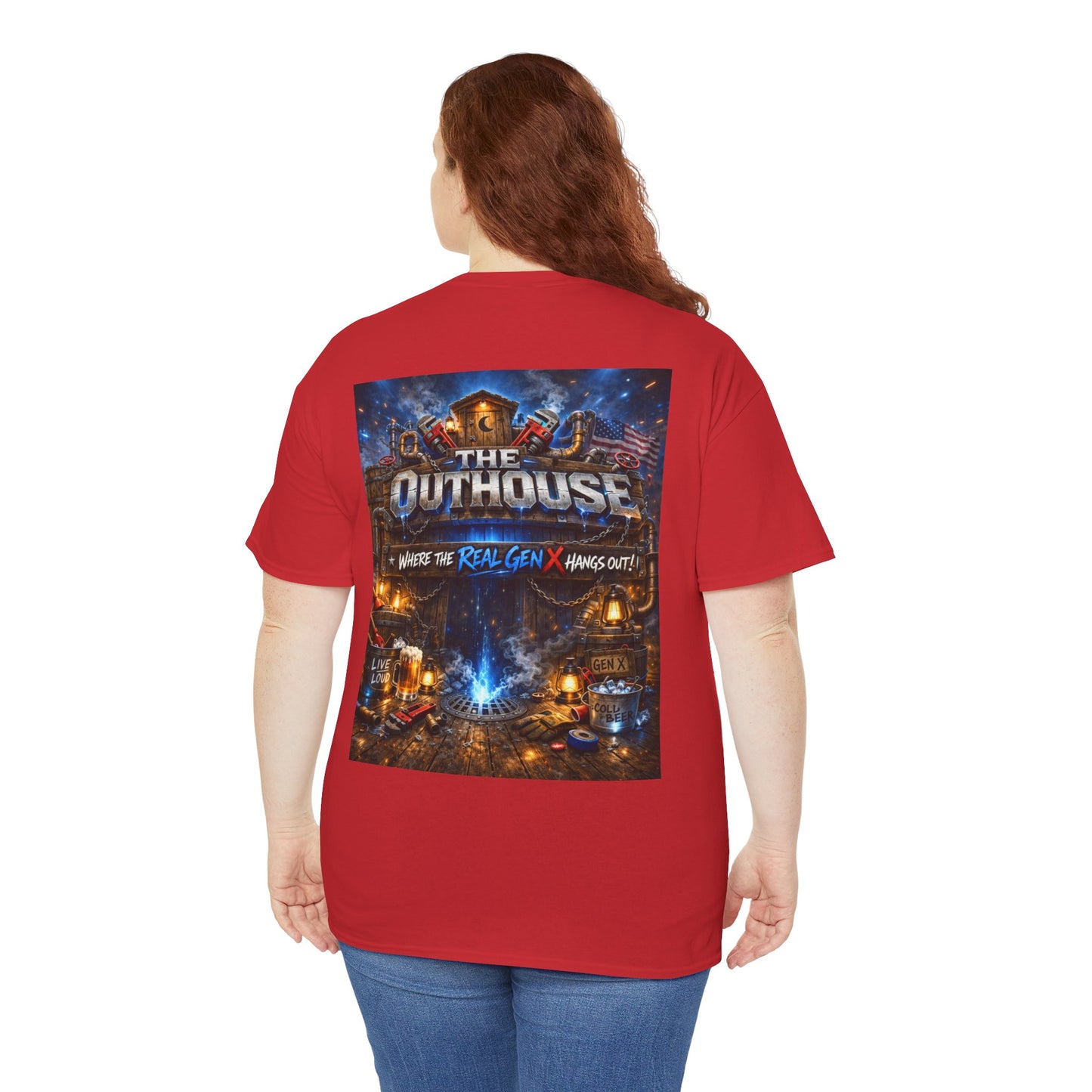 The Outhouse Gen X Tee — Retro Campfire Nostalgia Graphic T-Shirt