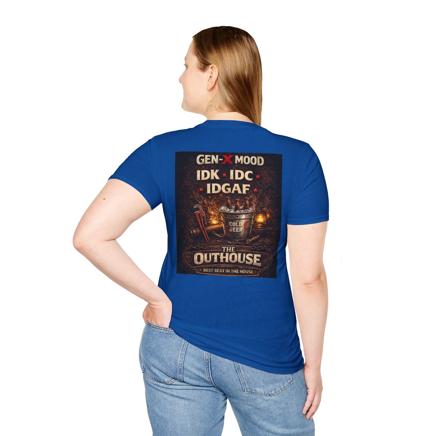 Outhouse Gen-X T-Shirt — "Gen-X Mood: IDK • IDC • IDGAF" Retro Beer Graphic