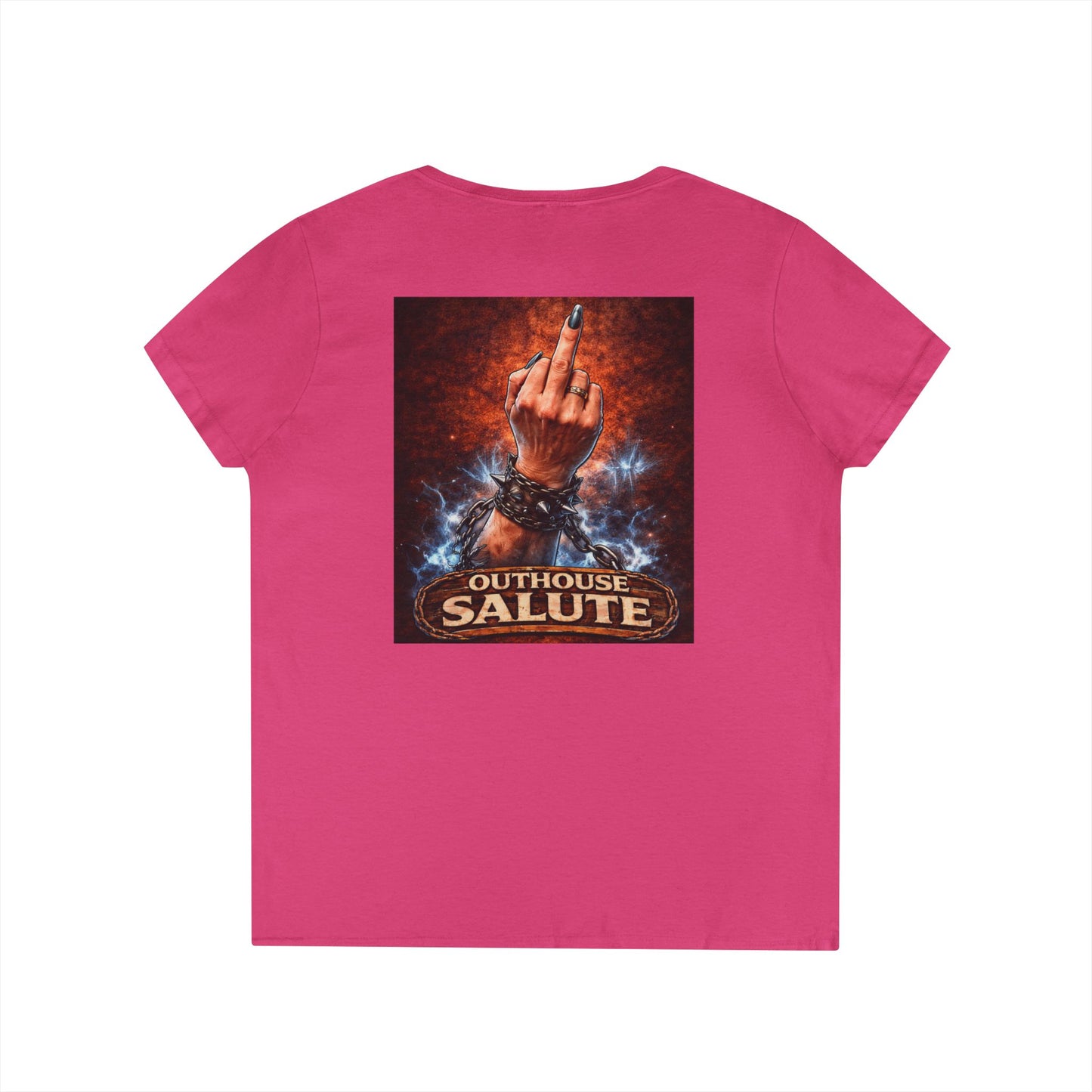 Outhouse Salute V-Neck Tee — Bold Back Graphic Ladies' T-Shirt