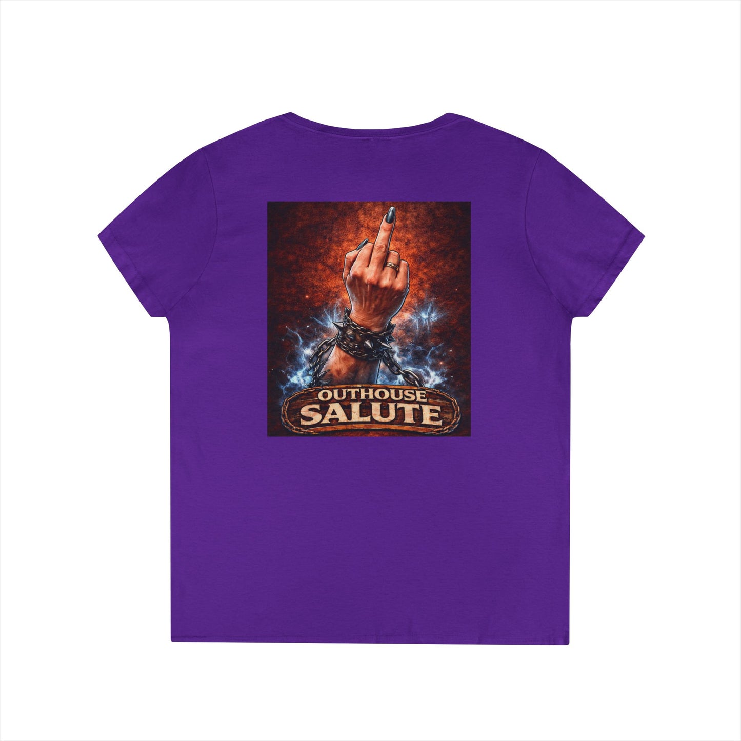 Outhouse Salute V-Neck Tee — Bold Back Graphic Ladies' T-Shirt