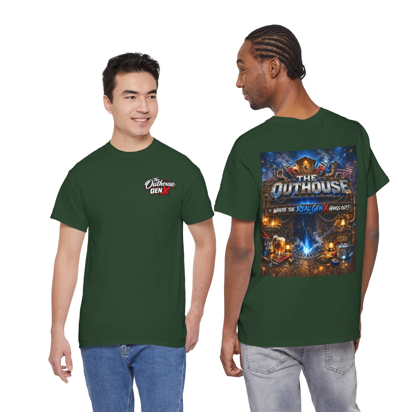 The Outhouse Gen X Tee — Retro Campfire Nostalgia Graphic T-Shirt