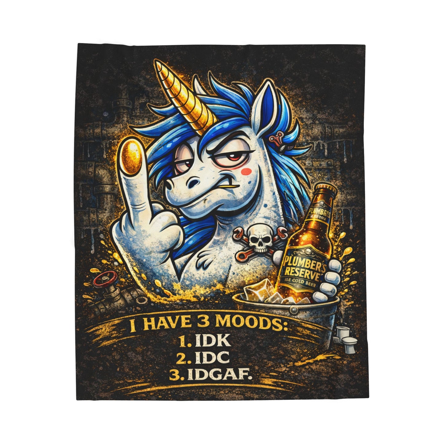 Velveteen Plush Blanket — Funny Unicorn ‘I Have 3 Moods: IDK, IDC, IDGAF’ Throw